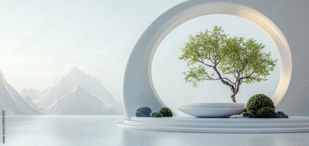 Poster a serene minimalist scene featuring a bonsai tree within a circular arch, set against a tranquil mou
