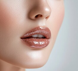Fototapeta premium Close-up of a beautiful woman's face with smooth, clear skin, minimal makeup, glossy lips, high-resolution photography, soft lighting, beauty magazine cover