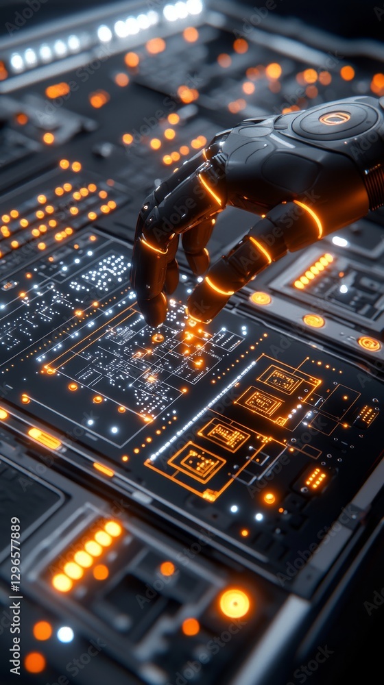 Poster futuristic robotic hand interacting with advanced circuit board tech lab digital art sci-fi environm