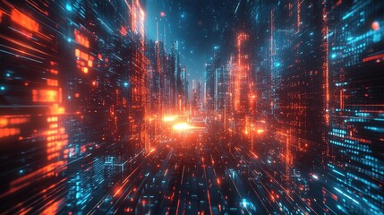 Fototapeta premium Modern High-Tech Vector Cityscape with Neon Lights and Space Effect, Abstract Digital Urban Design
