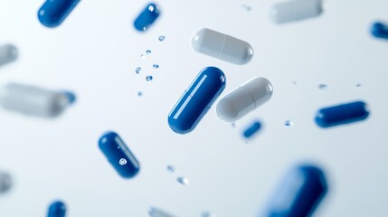 Blue and white capsules floating with droplets on a light background.