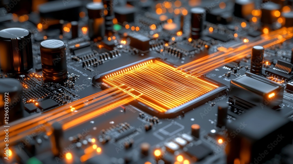 Poster high tech circuit board with glowing lines modern laboratory macro photography futuristic environmen