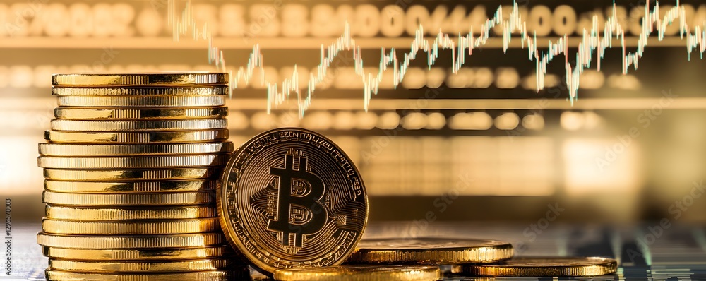 Poster stack of bitcoins with a fluctuating financial market graph behind