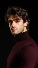 A man with a beard and mustache is wearing a red sweater