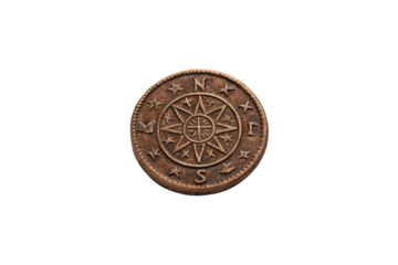 Compass rose coin symbolizing navigation and exploration with vintage allure for design or display purposes, cut out