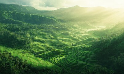 Fototapeta premium Scenic aerial view of winding terraced rice fields with vibrant green tones under soft natural light, creating a breathtaking rural landscape