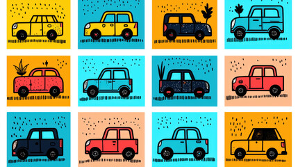 Transportation, A colorful flat illustration of a parking lot filled with various cars in high fidelity.
