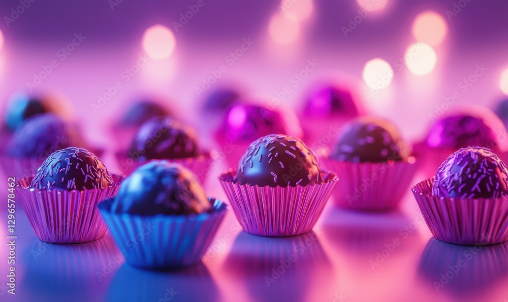 Poster luxurious truffle chocolates arranged in vibrant colored wrappers, illuminated by soft light on a cl