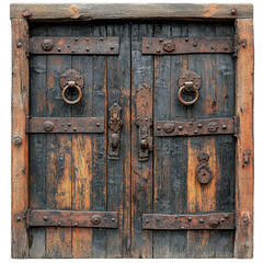 A double barn door with corroded handles isolated on white background.PNG