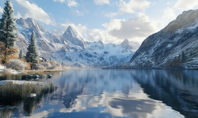 Fototapeta premium Scenic alpine lake surrounded by towering snowy mountains, soft natural light reflecting on the calm water creating a peaceful and expansive view