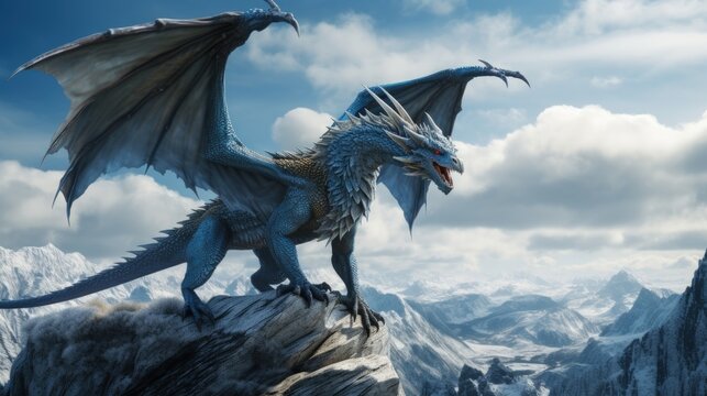 Fantasy a mysterious dangerous dragon standing on stone on dramatic sky background. AI generated