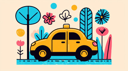 Transportation, Police car patrolling urban streets in a flat illustration style, suitable for high-fidelity design projects.
