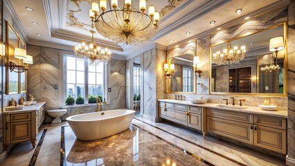 Luxurious Marble Bathroom with Chandelier - Aerial View Stock Photo