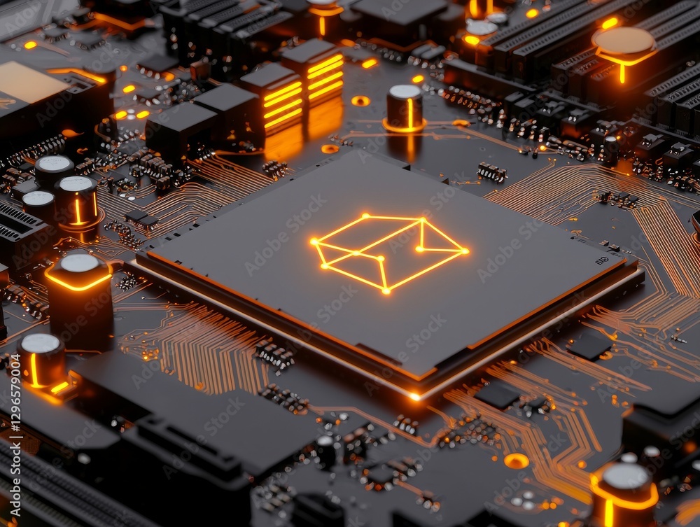 Poster illuminated computer motherboard circuitry digital realm technology image dark environment close-up 