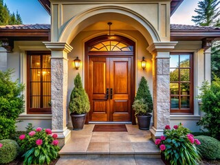 Fototapeta premium Luxurious Modern Home Entrance: Upscale Front Door with Ample Copy Space