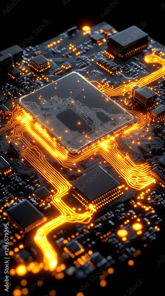 Aufkleber glowing circuit board with central processor technology hub digital art futuristic environment close
