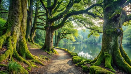 Naklejka premium A picturesque forest trail with moss-covered tree trunks and vines crawling up the trunk of a towering oak, leading to a tranquil lake in the distance, moss, nature scenery