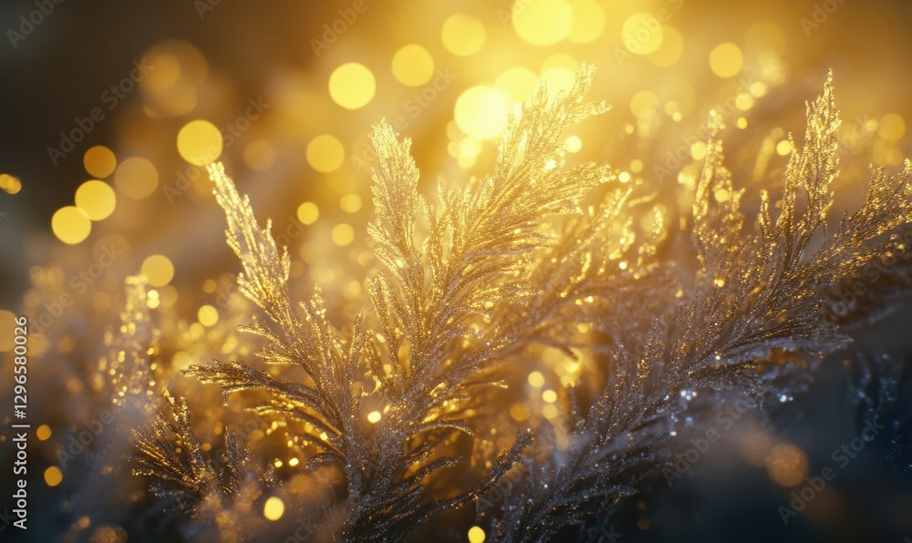 Poster macro shot of shimmering frost on delicate pine branches illuminated by soft golden light creating a