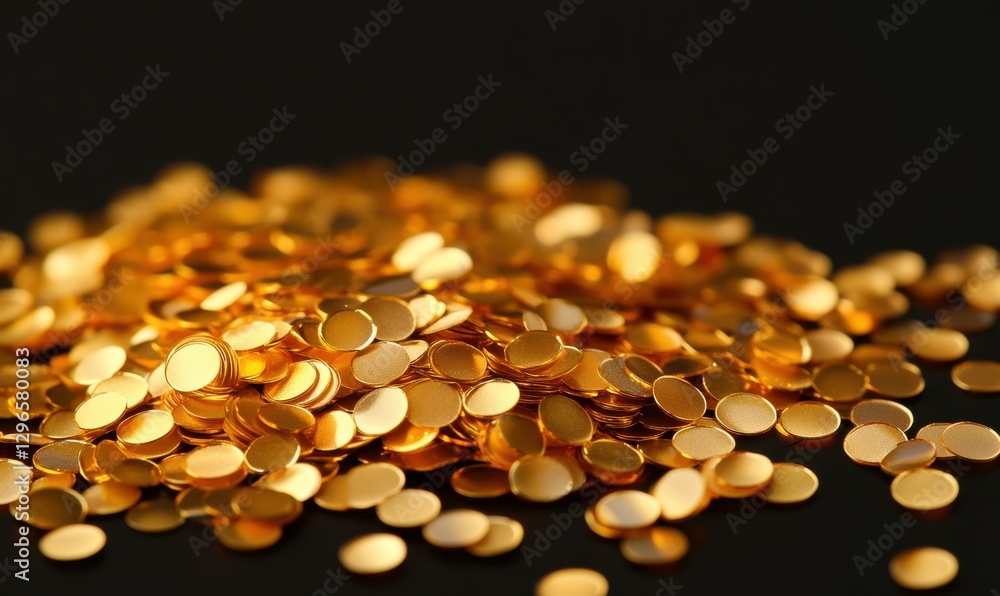 Poster macro shot of shimmering golden sequins scattered on a black background, illuminated by warm light c