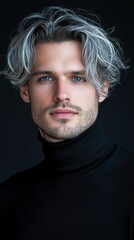 Fototapeta premium A man with a beard and gray hair is wearing a black shirt and a black necktie