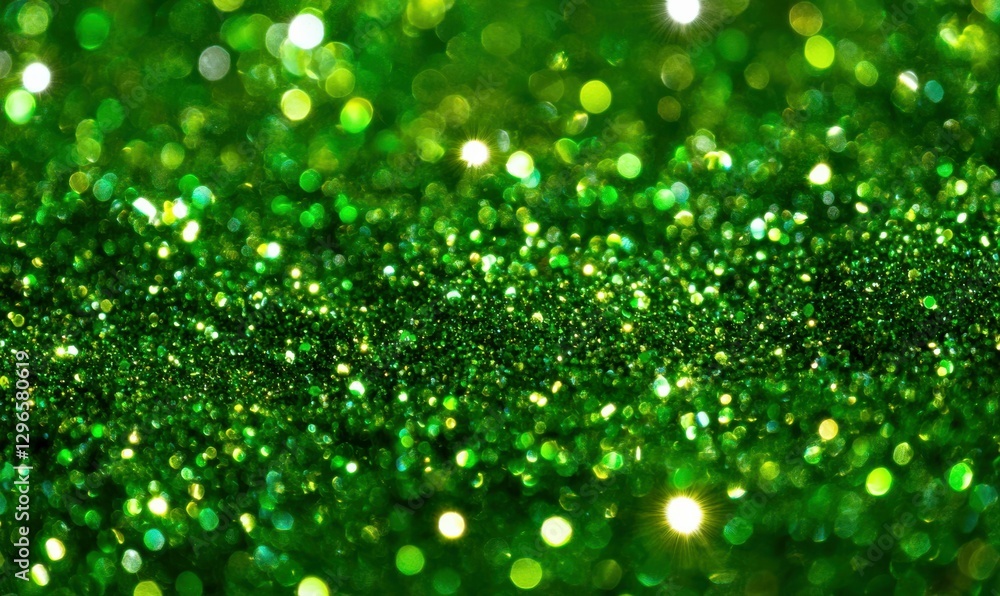 Poster macro shot of vibrant green glitter particles reflecting soft light, creating a dynamic and festive 