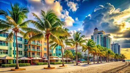 Naklejka premium Luxurious South Beach Miami: Vibrant Palm Trees & Oceanfront Glamour