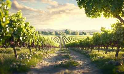 Scenic vineyard with rows of grapevines stretching into the horizon, soft morning light casting long shadows, evoking rural tranquility,
