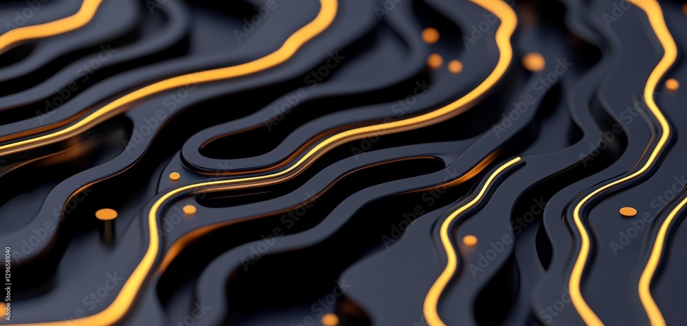 Poster a close-up view of abstract wavy patterns in black with vibrant orange lines, creating a visually st