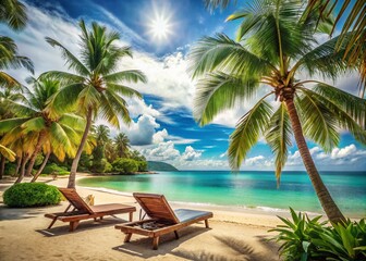 Luxurious Tropical Beach Vacation: Calm Sea, Palm Trees, Lounge Chairs