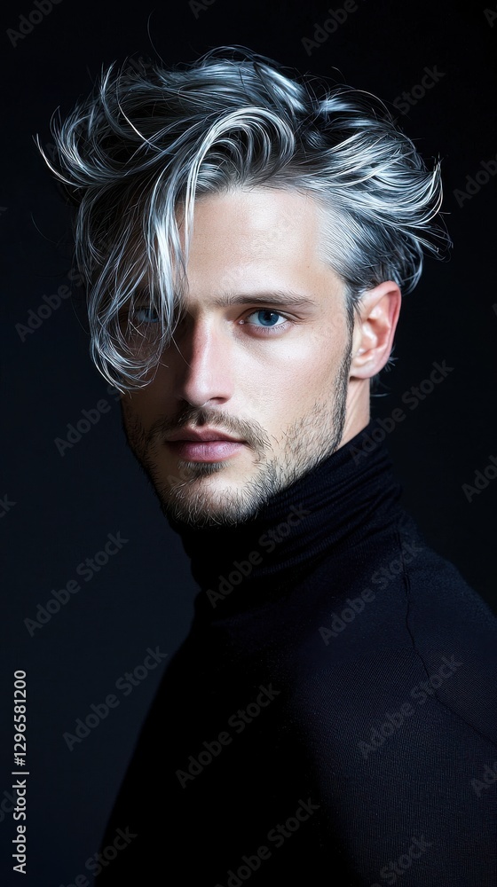 Poster a man with a shaved head and a ponytail