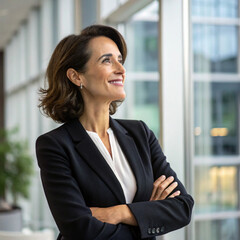 Fototapeta premium Confident Professional Businesswoman in Suit Looking Up and Away