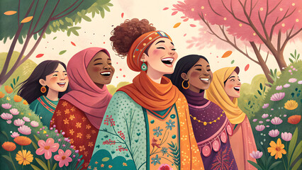 Fototapeta premium A vibrant watercolor illustration depicting a group of happy women from various cultural backgrounds standing together