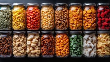 Colorful snacks in jars, dark background, food photography, website banner