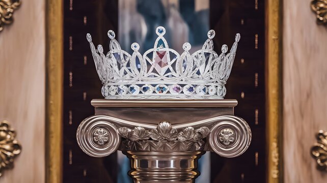 A shining crystal crown resting on a polished pedestal, symbolizing mastery and achievement.