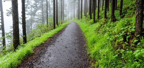 Obraz premium A serene forest path lined with tall trees and lush greenery, shrouded in mist, inviting exploration and tranquility.