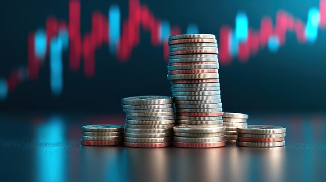 Stacked coins illuminated business setting digital display structured arrangement financial insights