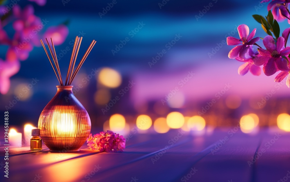 Poster a tranquil scene featuring a decorative diffuser with glowing light, surrounded by flowers and soft 