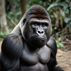 Fototapeta premium gorilla sitting in the dense forest with intense gaze and muscular posture