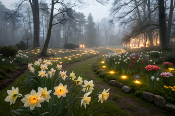 Obraz premium Mystical Easter garden with glowing flowers