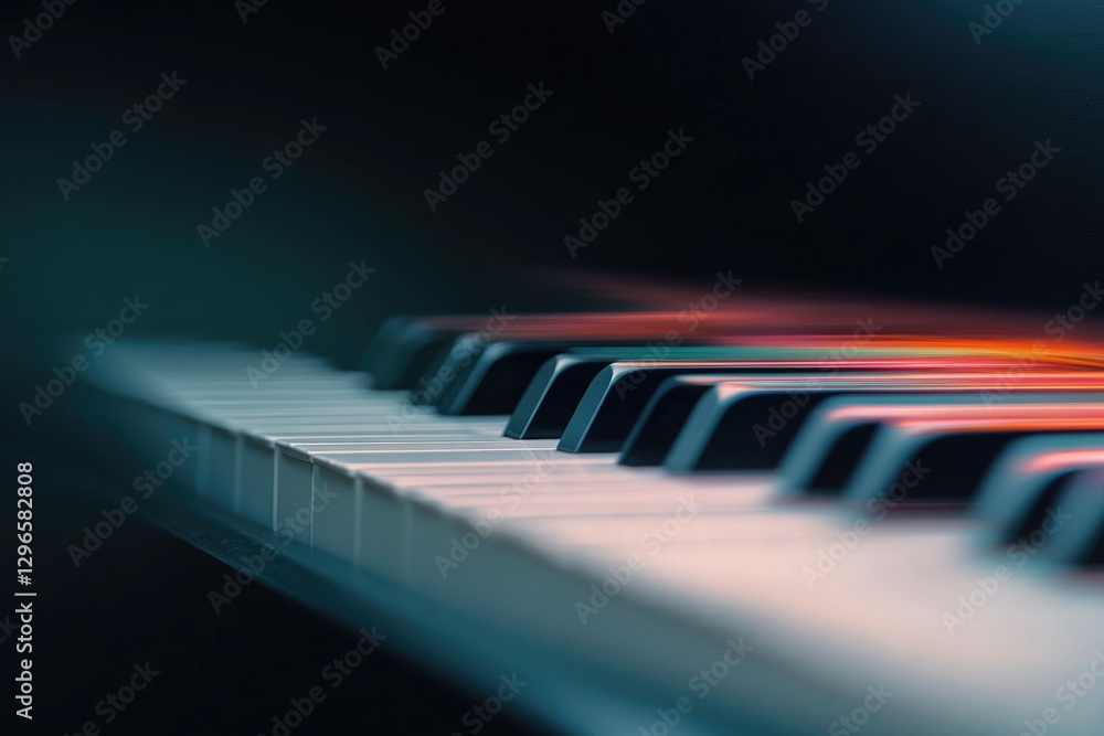 Poster dynamic design of abstract piano keys blending seamlessly into colorful sound patterns framed with s