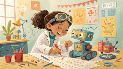 A young girl building a robot, surrounded by gears, circuits, and tools.