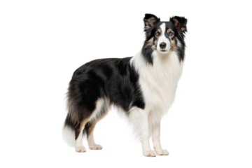 Elegant black and white dog poses confidently against a simple background, showcasing its charming demeanor and fluffy fur, cut out