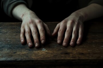 Fototapeta premium A pair of rough, weathered hands resting on a rustic wooden table, evoking emotion and storytelling.