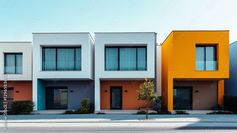 Poster a row of identical minimalist houses, except one in a bold color