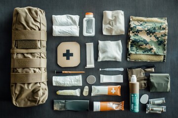 A neatly arranged military first aid kit with medical supplies laid out on a fabric surface.