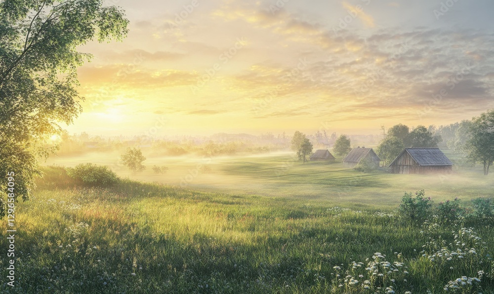 Aufkleber sunrise view of a tranquil rural landscape with soft mist hovering over green fields and distant cot