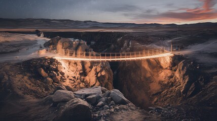Fototapeta premium A glowing bridge suspended over a vast chasm, symbolizing overcoming challenges.