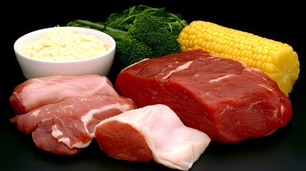 Variety of Fresh Raw Meat and Vegetables Including Beef, Pork, Broccoli and Corn on Black Surface