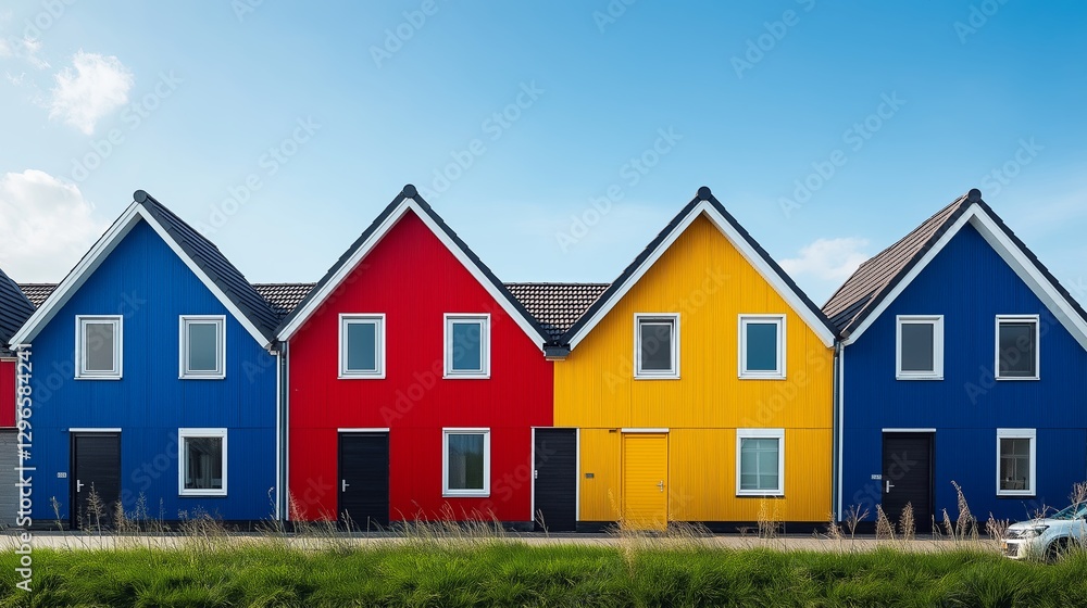 Aufkleber a row of identical minimalist houses, except one in a bold color
