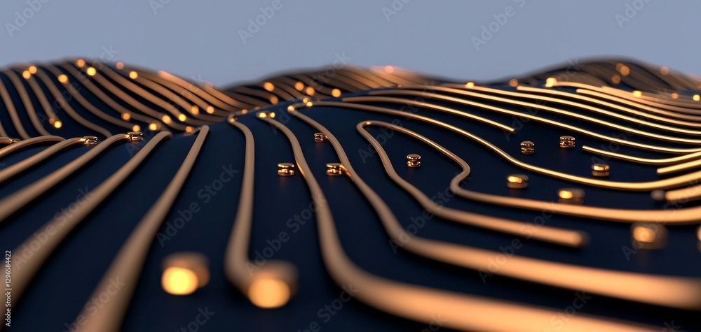 Poster a stylized landscape with glowing lines resembling circuitry, creating a dynamic, abstract visual of